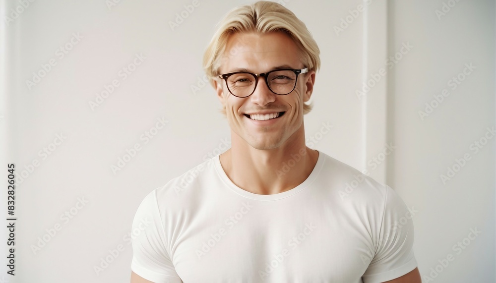 portrait of blond and muscled handsome man in white t-shirt and glasses, looking at camera with sincere smile, isolated white background
portrait of blond and muscled handsome man in white t-shirt and glasses, looking at camera with sincere smile, isolated white background