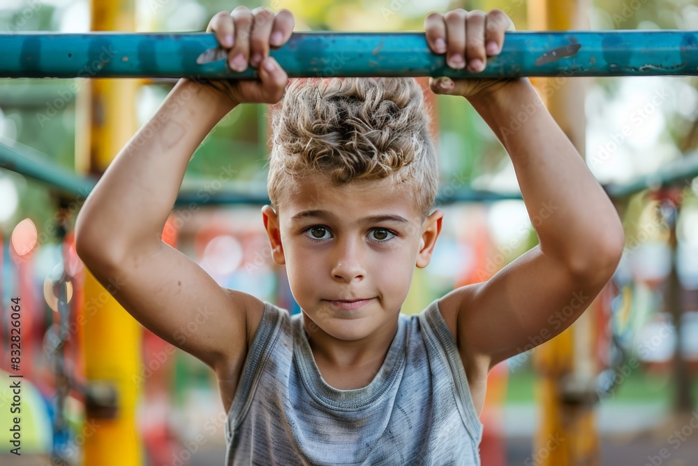 Determined young boy gripping a playground bar tightly with focused expression on his face Determined young boy gripping a playground bar tightly with focused expression on his face