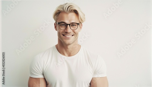 portrait of blond and muscled handsome man in white t-shirt and glasses, looking at camera with sincere smile, isolated white background

 photo