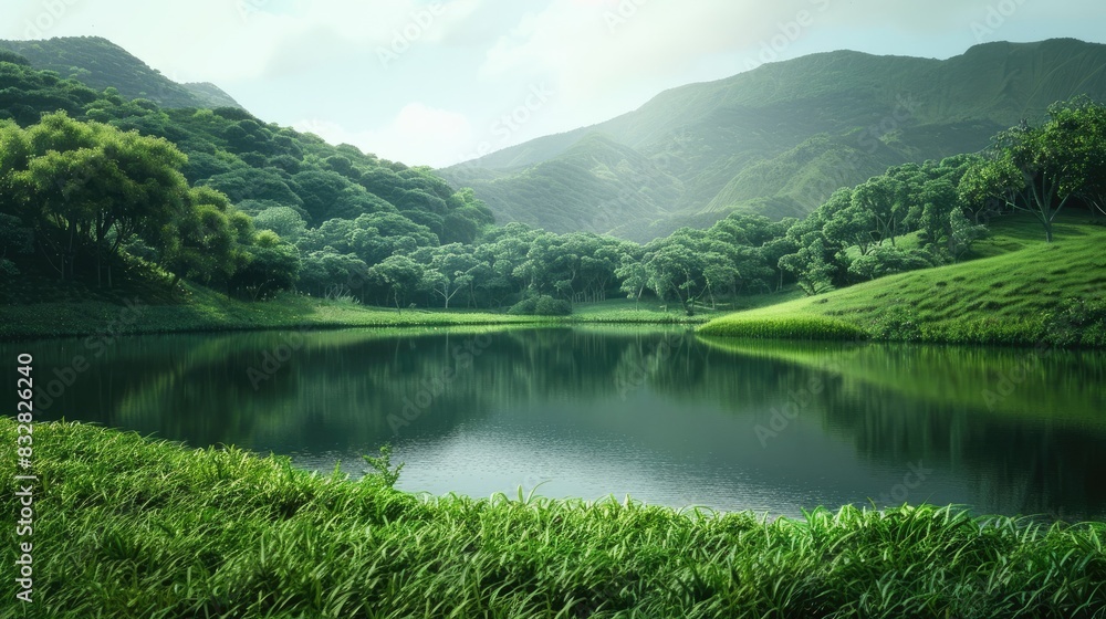 Tranquil lake encircled by verdant hills and trees