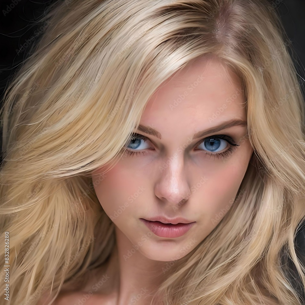 Face of a young blonde with blue eyes generated by artificial intelligence with photorealistic production. Face of a young blonde with blue eyes generated by artificial intelligence with photorealistic production.