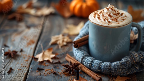 autumn coffee scene, a pumpkin spice latte sits on a wooden table with cinnamon sticks and autumn leaves, evoking a cozy fall vibe photo