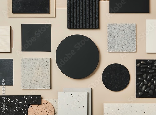 interior design moodboard with material samples, black circle on beige background, top view, flat lay in the style of various artists