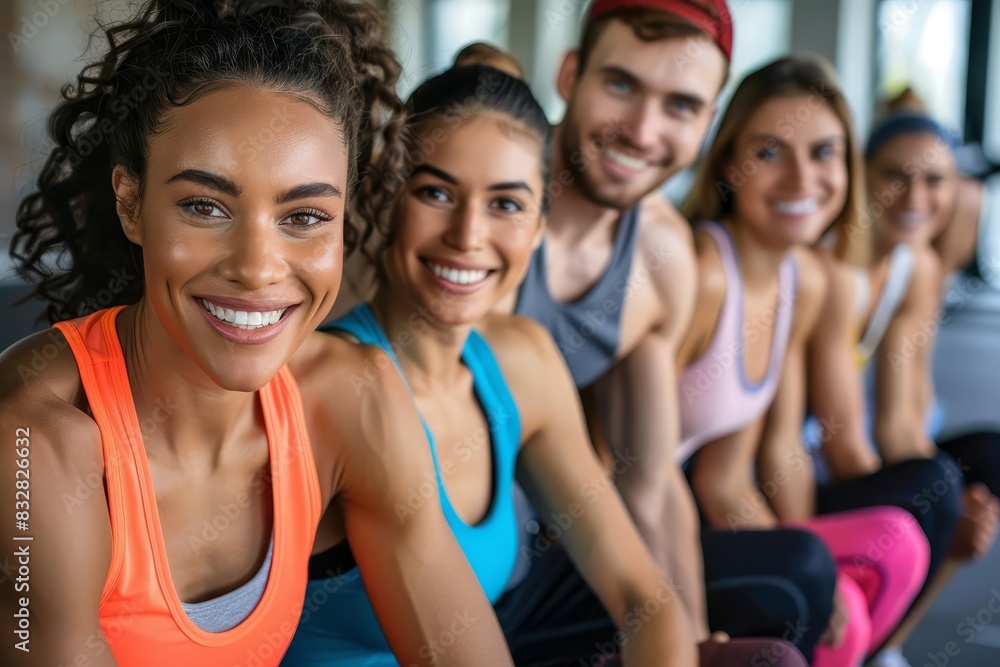 diverse group of happy friends exercising together at gym smiling and enjoying workout active healthy lifestyle fitness motivation
