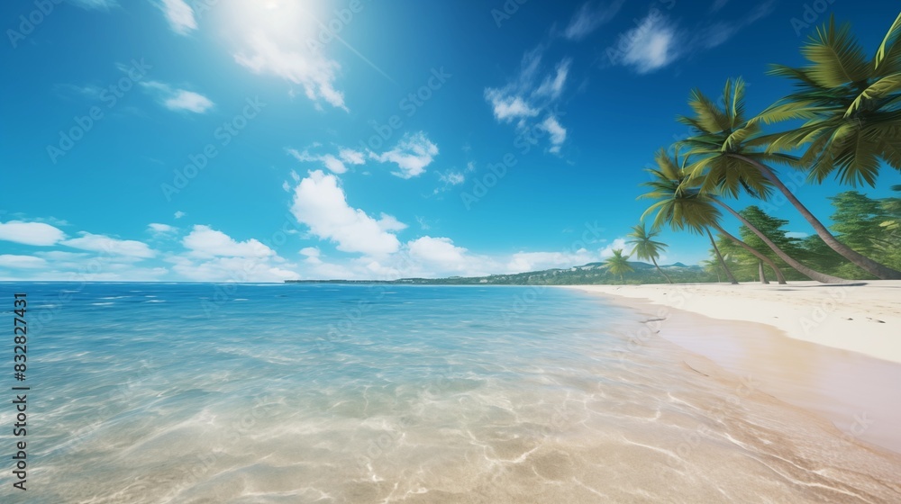 A Sunny Beach Scene with Palm Trees and Clear Blue Water on a Tropical Shoreline A Sunny Beach Scene with Palm Trees and Clear Blue Water on a Tropical Shoreline