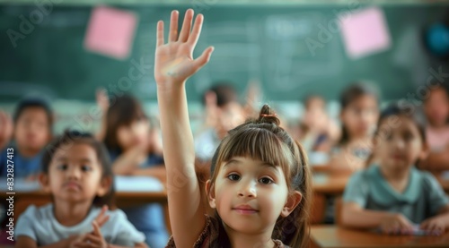 Children raise their hands to answer in the classroom. Back To School concept. Backdrop with selective focus