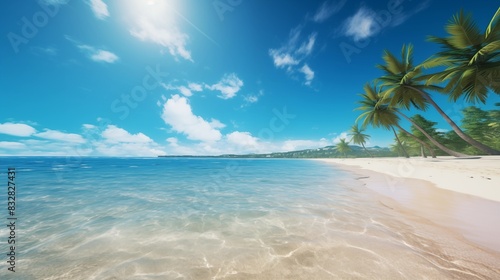 A Sunny Beach Scene with Palm Trees and Clear Blue Water on a Tropical Shoreline © Miva