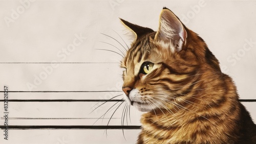 A pencil drawing of a striped cat, with brown-orange fur, emphasizing its mustache and eyes. © lastfurianec