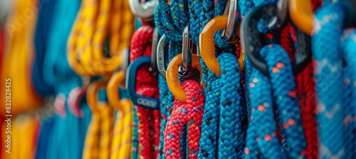 Close up of climbing gear ensuring safety for climber in sport climbing event  olympic games concept