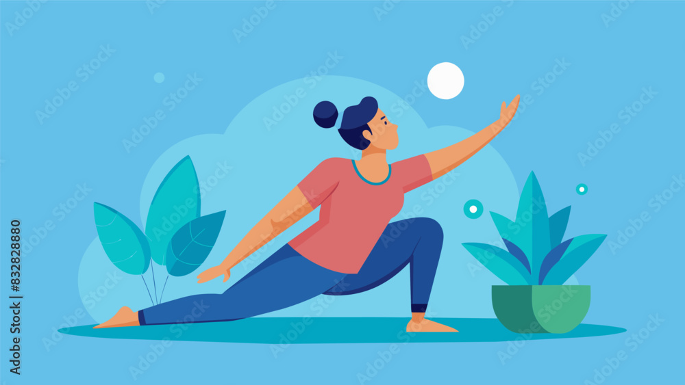 A person is transported to a peaceful and serene virtual world where they can perform stretching and relaxation exercises to improve their range of. Vector illustration
