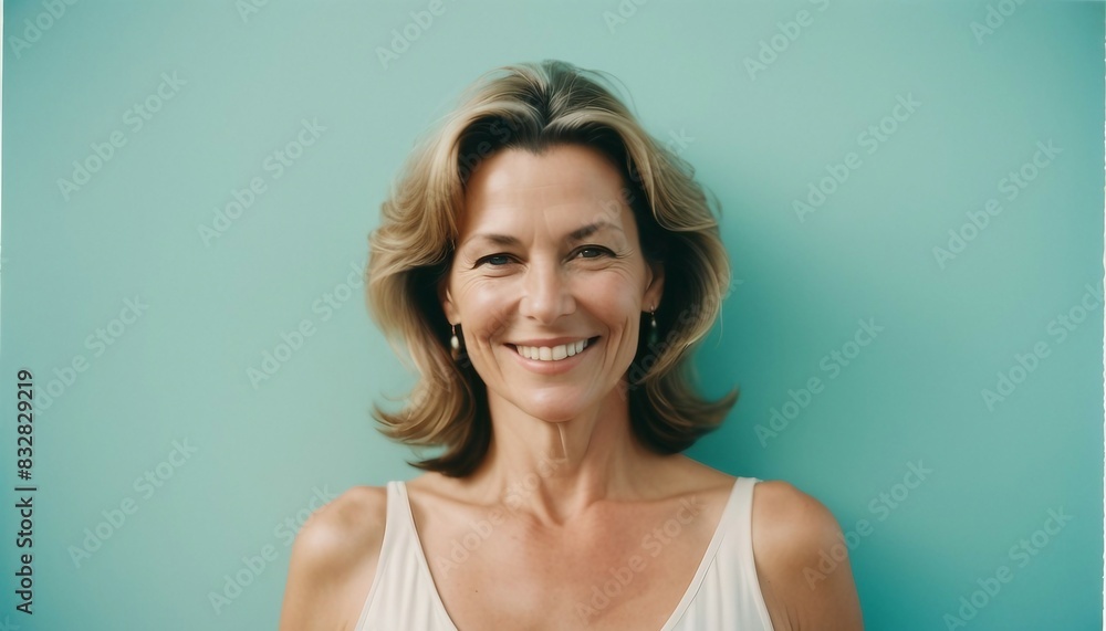 portrait of a beautiful and attractive middle age women with sincere smile on light green background
portrait of a beautiful and attractive middle age women with sincere smile on light green background