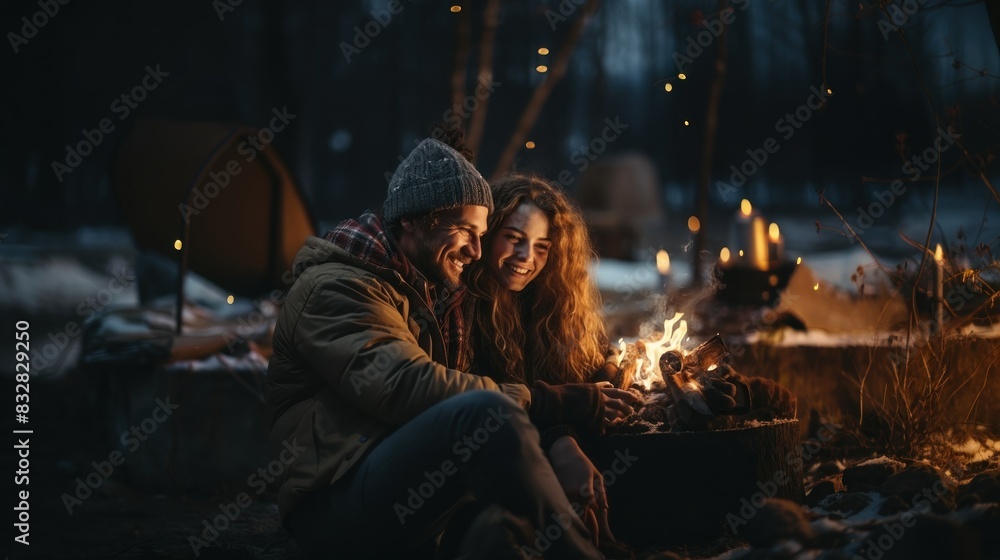 A happy couple enjoys a romantic evening by a campfire, surrounded by a wintry forest A happy couple enjoys a romantic evening by a campfire, surrounded by a wintry forest