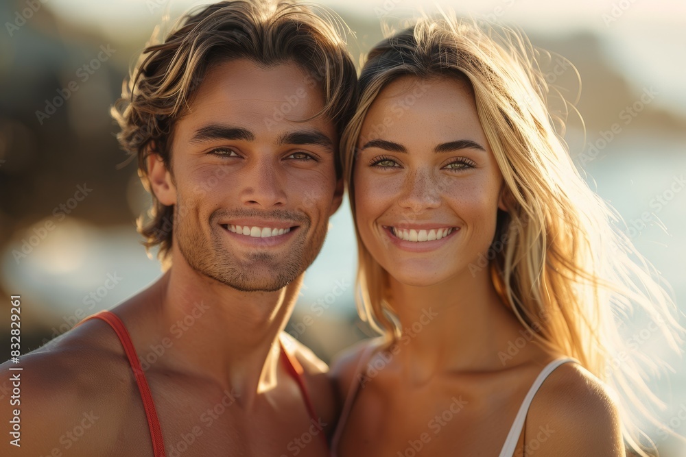 A man and a woman are smiling at the camera A man and a woman are smiling at the camera