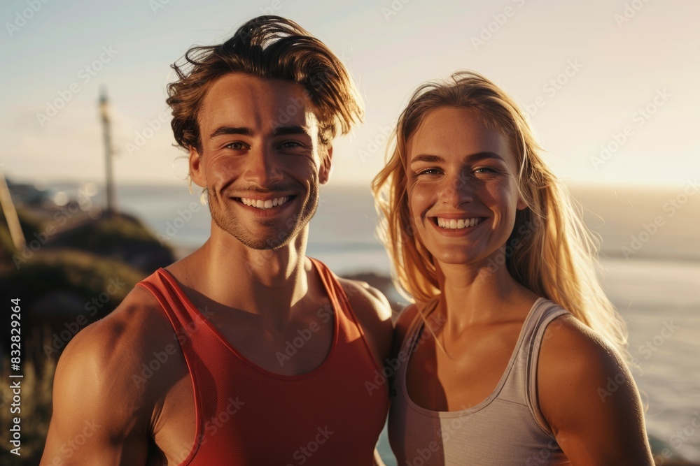 A man and a woman are smiling at the camera A man and a woman are smiling at the camera