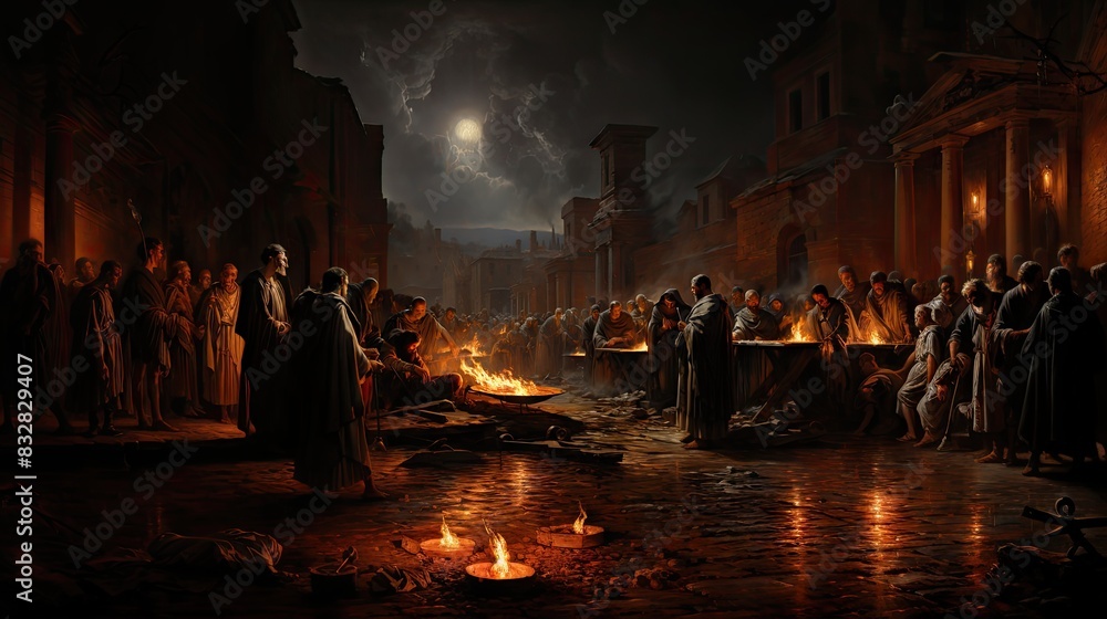 A dramatic scene of an Ancient Roman ritual gathering with fires under a moonlit sky A dramatic scene of an Ancient Roman ritual gathering with fires under a moonlit sky