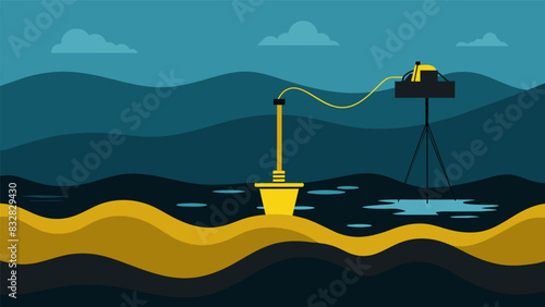 The shallow waves give no hint to the powerful technology working beneath the surface as the submersible pump continuously draws out the black gold. Vector illustration