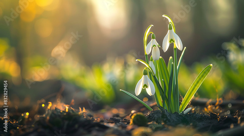 The close-up view of white bell-shaped flowers emerging from the ground, likely snowdrops, evokes a sense of early spring photo
