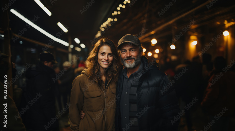 Smiling couple closely posing in a city street with warm lighting at night Smiling couple closely posing in a city street with warm lighting at night