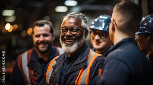 A cheerful older worker in safety gear poses with his smiling team in an industrial setting, exuding teamwork