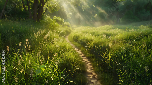 A narrow  winding dirt path cutting through a lush green field with tall grass on either side
