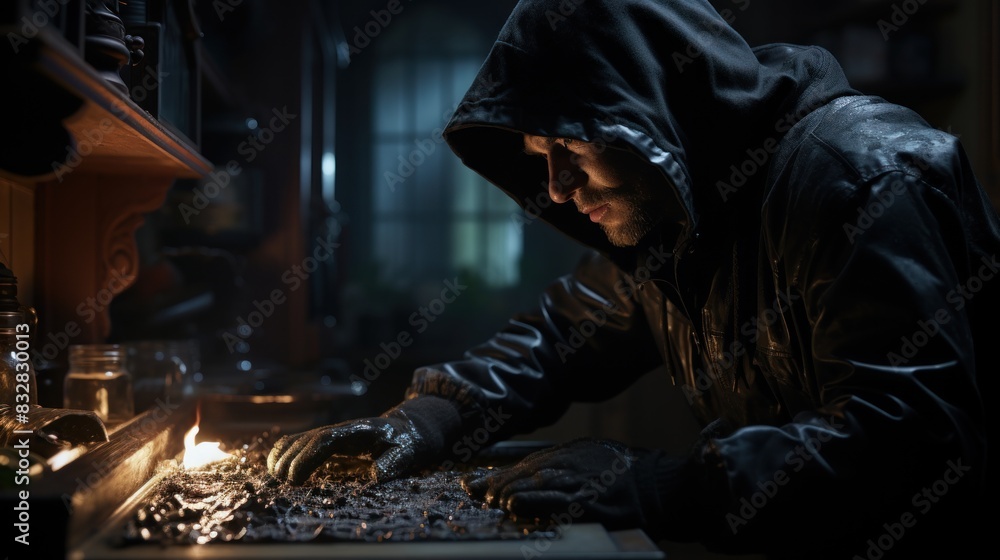 A mysterious person with a hood is scrutinizing various shiny jewels on a dimly lit desk, implying secrecy or illegal activity A mysterious person with a hood is scrutinizing various shiny jewels on a dimly lit desk, implying secrecy or illegal activity