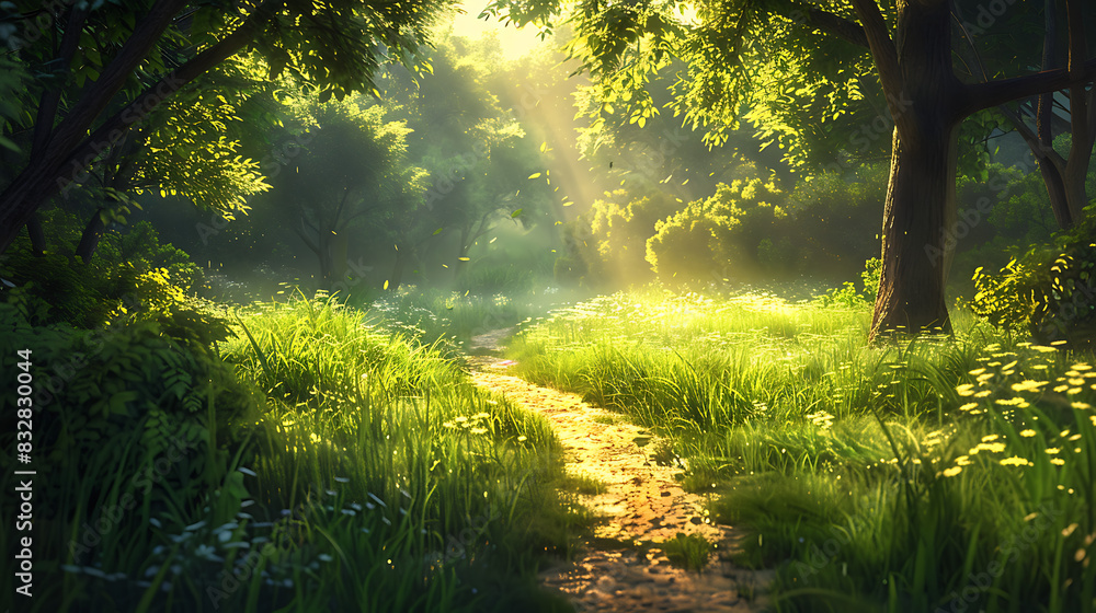 Fototapeta premium A narrow, winding dirt path cutting through a lush green field with tall grass on either side