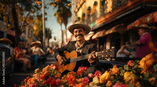 A smiling man in a wide-brimmed hat plays guitar amidst vibrant flowers in a bustling street scene