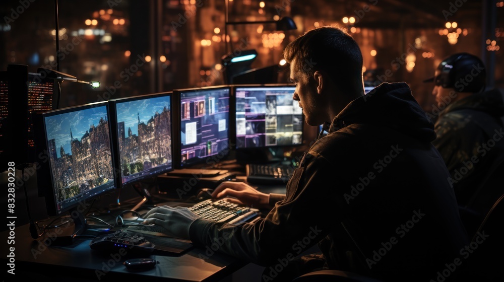 A blurred individual focuses on multiple computer screens with cityscape backgrounds, implying a tech or surveillance setting A blurred individual focuses on multiple computer screens with cityscape backgrounds, implying a tech or surveillance setting