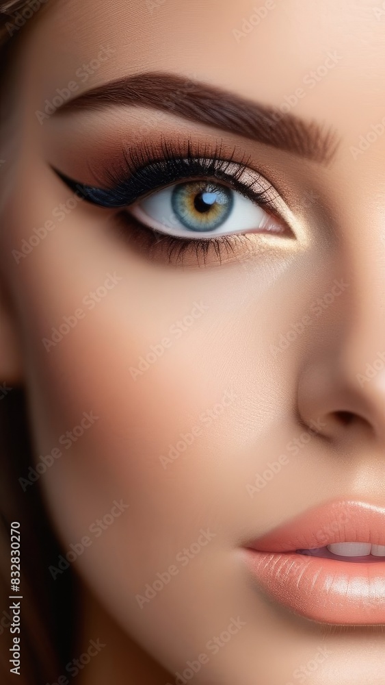 A woman with a green eye and brown eyebrows. She has a nice smile and her lips are pink A woman with a green eye and brown eyebrows. She has a nice smile and her lips are pink