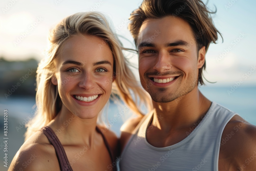 A man and a woman are smiling at the camera A man and a woman are smiling at the camera
