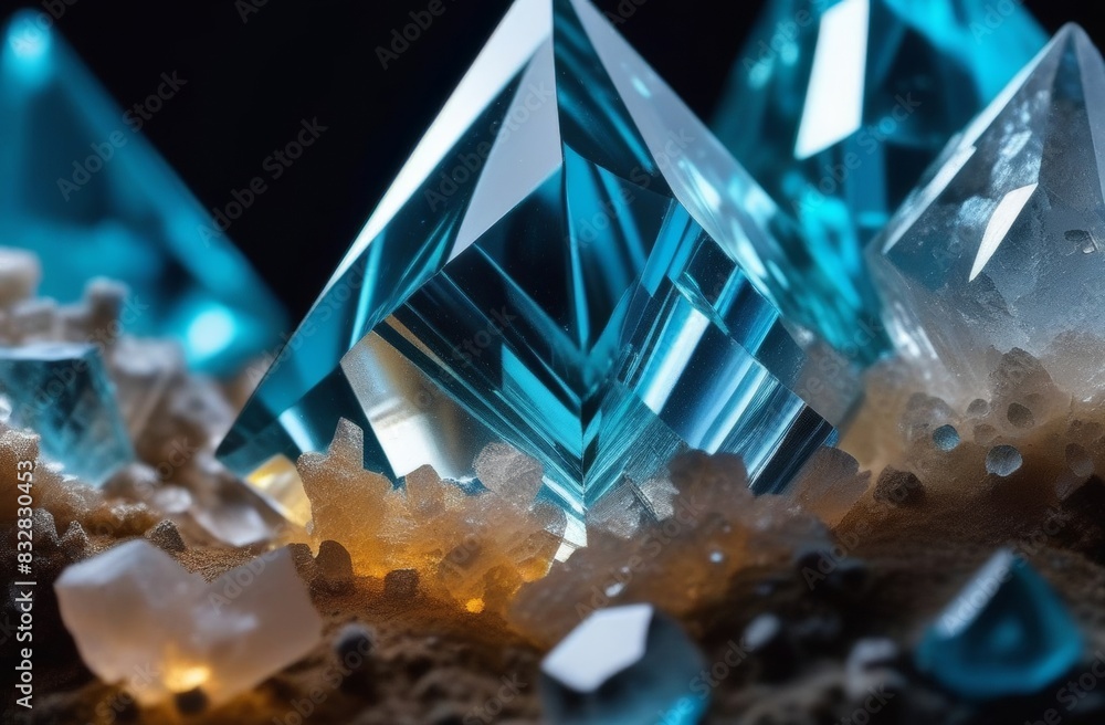 A collection of blue and white crystals, with some of them being shaped like diamonds. The crystals are arranged in a way that creates a sense of depth and texture A collection of blue and white crystals, with some of them being shaped like diamonds. The crystals are arranged in a way that creates a sense of depth and texture