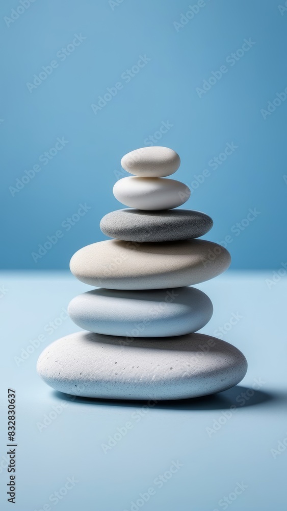 A stack of white and gray rocks on a beach. The rocks are arranged in a pyramid shape, with the largest one at the bottom and the smallest one at the top. Concept of stability and balance A stack of white and gray rocks on a beach. The rocks are arranged in a pyramid shape, with the largest one at the bottom and the smallest one at the top. Concept of stability and balance