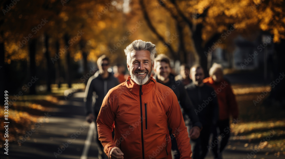 Active older man with a beard jogging through a park with colorful autumn foliage and blurred people in the background Active older man with a beard jogging through a park with colorful autumn foliage and blurred people in the background