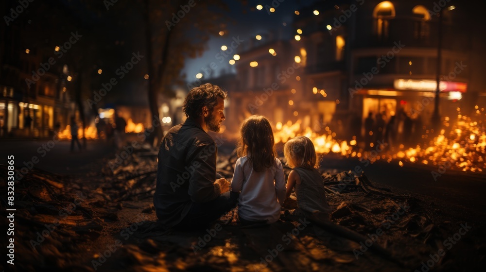 Dramatic image of a family sitting on a road watching a large fire on the streets at night Dramatic image of a family sitting on a road watching a large fire on the streets at night