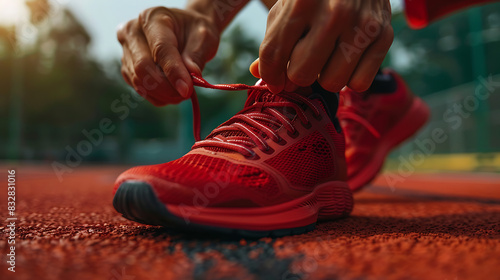 a description of the image. It seems to depict a close-up view of a person’s feet--one foot stepping on a running track, while the other is tying a red shoelace on a red athletic shoe