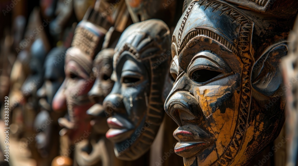 African Colorful Wooden Masks. African Mask. African  wooden handcrafted masks in a traditional African market. African culture Wooden african masks