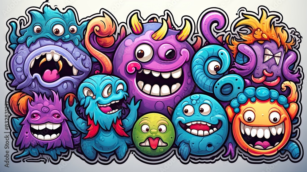 Vibrant and whimsical illustration featuring a crowd of unique and playful cartoon monsters Vibrant and whimsical illustration featuring a crowd of unique and playful cartoon monsters