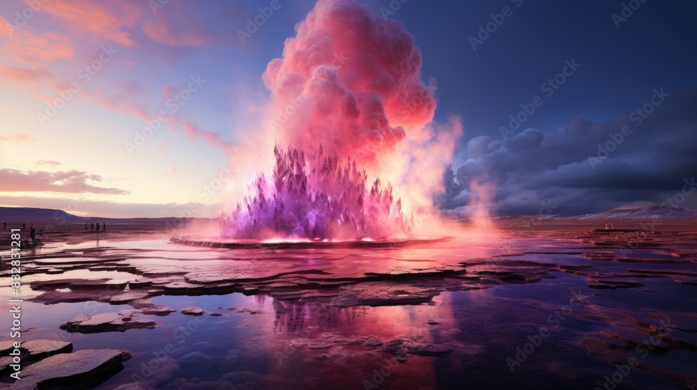 Majestic geyser eruption with dramatic lighting and cloud formation at sunset