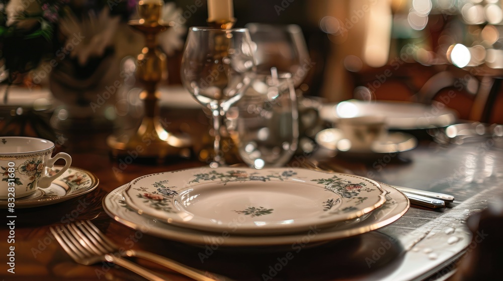 A table with a pristine plate displayed A top notch image A table with a pristine plate displayed A top notch image