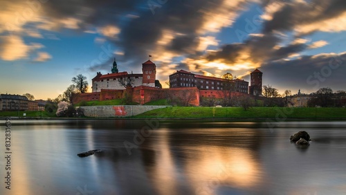Majestic castle at sunset by the river