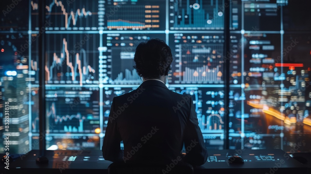 Professional trader showing a holographic projection of a growing stock market graph. High-tech office. Evening light. Professional trader showing a holographic projection of a growing stock market graph. High-tech office. Evening light.