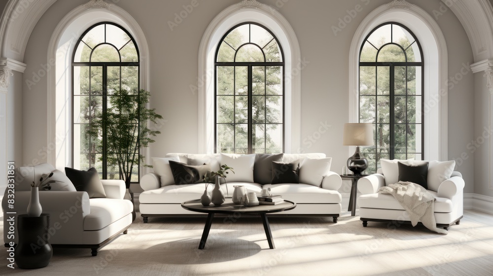 Contemporary elegant living room interior with arched windows and natural light illuminating plush furniture