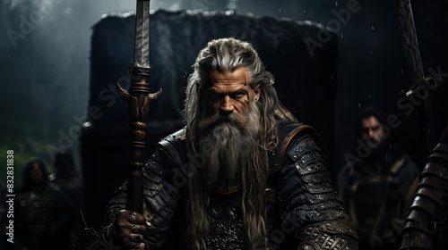 A powerful fantasy character with a long beard holds a spear in a heavy rain, evoking a sense of myth and legend