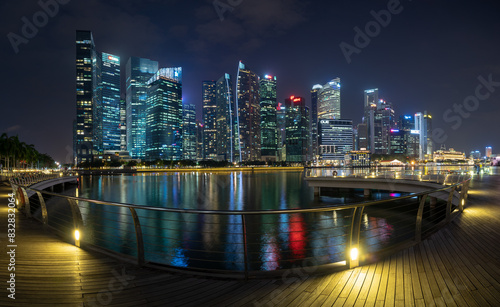 Panoramic night view of modern city skyline from waterfront