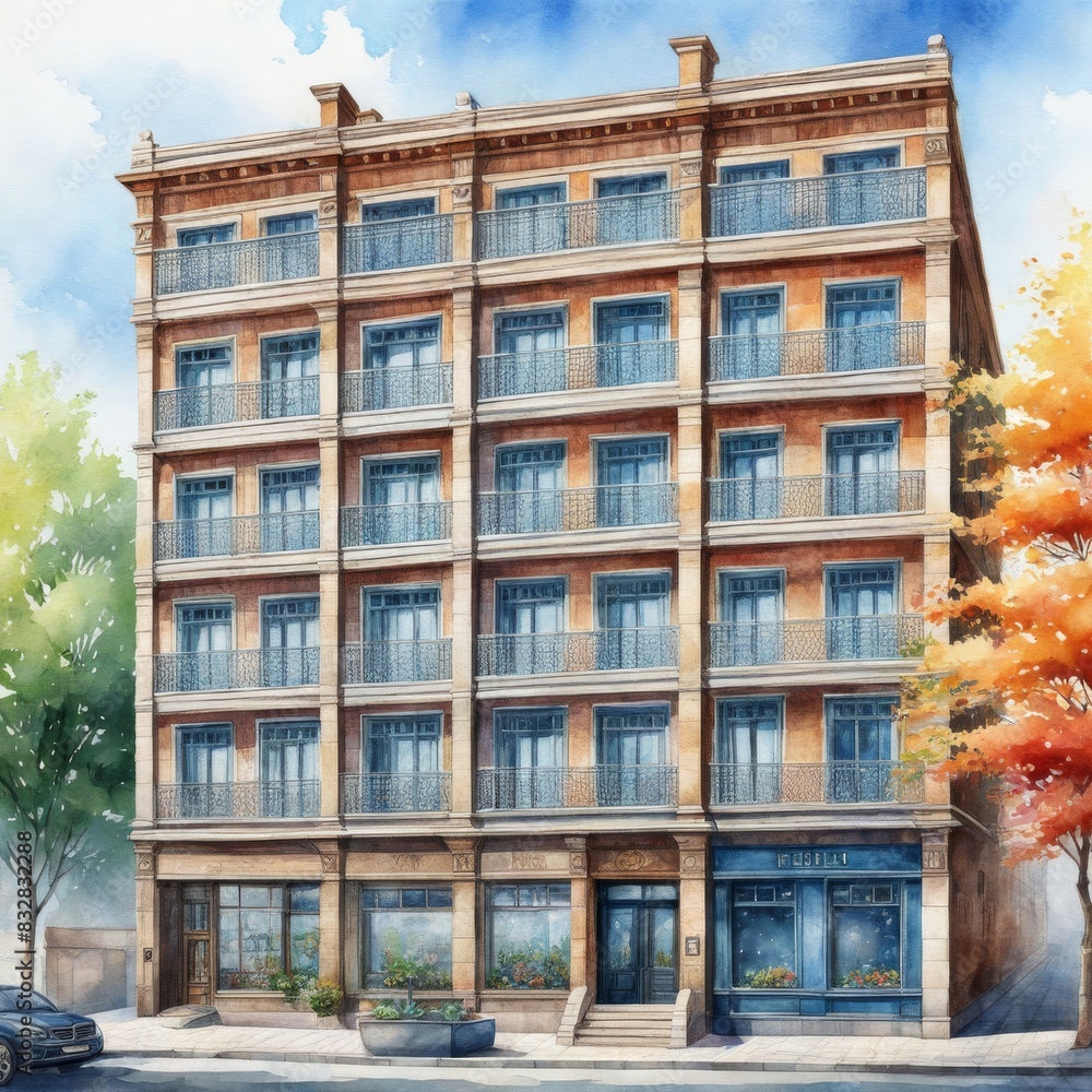 Fototapeta premium Old concrete and glass buildiung again the sky, minimal style