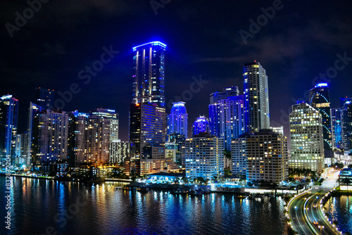 Vibrant city nightscape with illuminated skyscrapers