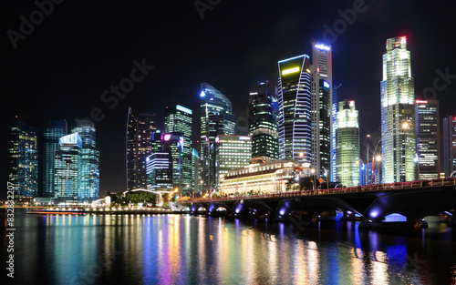 Vibrant nighttime cityscape with illuminated skyscrapers