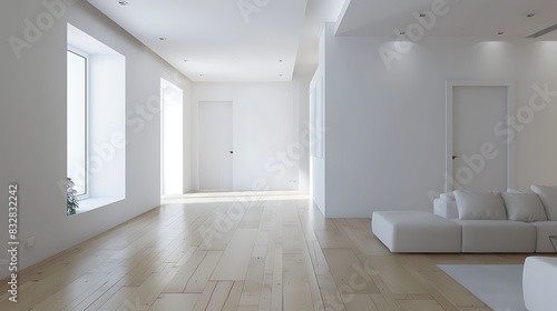 Wallpaper Mural Minimalist interior design of a modern living room with a white wall mockup and wood floor, clean background, high definition, no blurring Torontodigital.ca