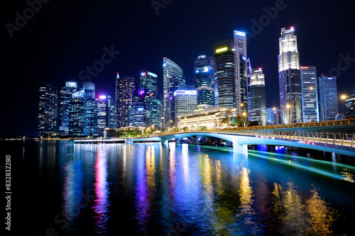 Illuminated skyline  city night lights reflection