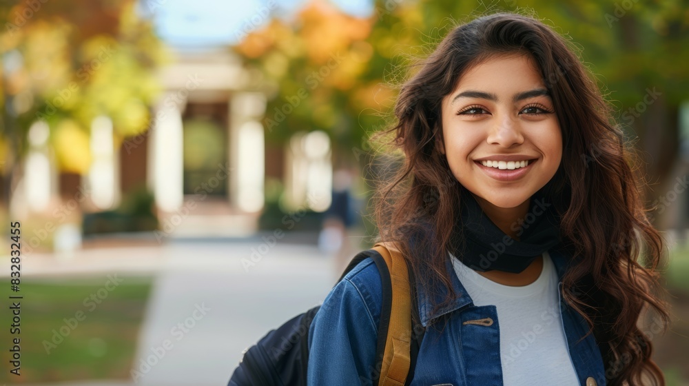 Young female student goes to class, back to study concept. Background with selective focus and copy space Young female student goes to class, back to study concept. Background with selective focus and copy space